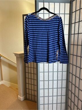 Anthropologie Postmark Blue and Navy Striped Long-Sleeve Tee with Floral Trim
